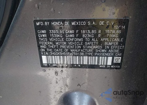 2015 Honda Fit Lx from USA, damaged, VIN 3HGGK5H51FM759138